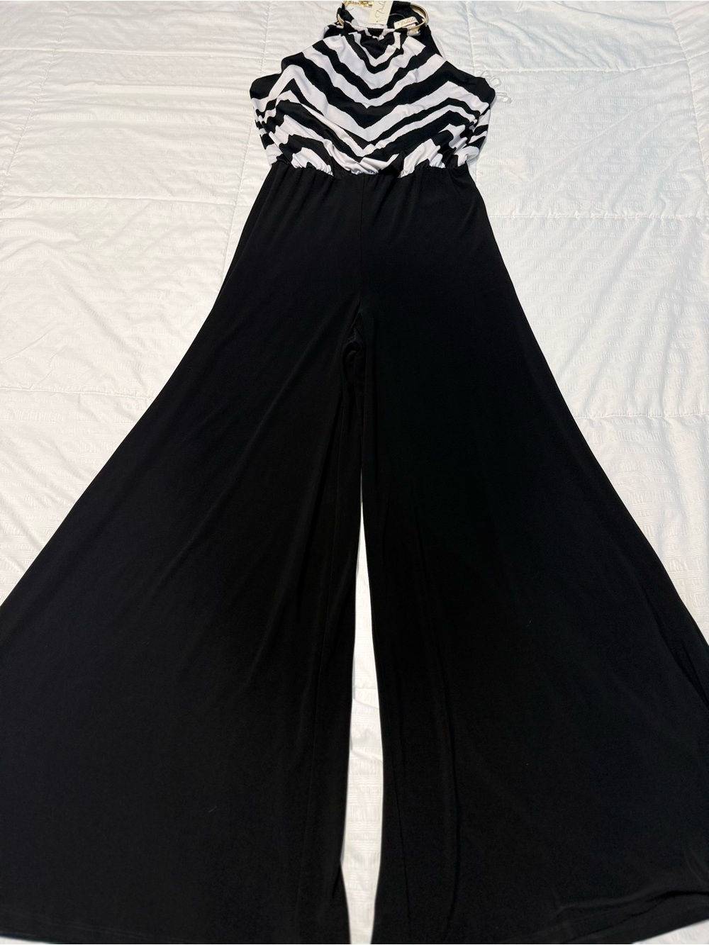 Wide Leg Black Jumpsuit with Black & White Chevron Striped Top with Gold tone M